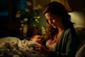 mère allaitement bébé dans chambre illuminé par faible nuit lumière photo