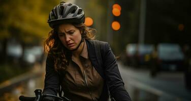 épuisé une femelle ville banlieusard pédales Accueil de travail sur sa bicyclette photo