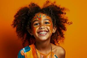 hilarant africain américain fille avec visage La peinture sur vibrant Orange toile de fond photo