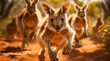 sauvage kangourous propulser par vaste Soleil trempé australien outback terrains photo