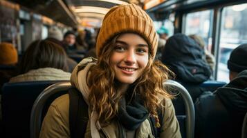 solo femelle voyageur navigation une animé ville avec Publique les autobus photo