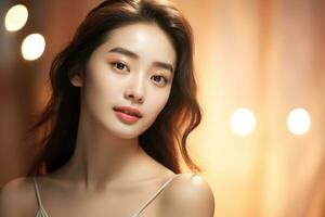 magnifique coréen femme permanent sur brillant Contexte dans bokeh style photo