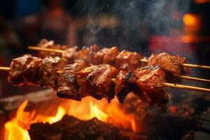 délicieux grillé du boeuf ou porc plus de une charbon gril à le rue nourriture marché photo