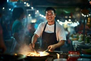 local Masculin chef Heureusement cuisiniers à rue nourriture marché photo