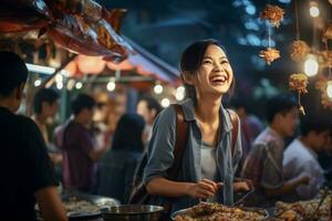 une magnifique femme en mangeant Heureusement à une rue nourriture marché photo