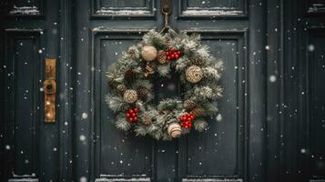 une de fête couronne pendaison sur une en bois porte, entouré par chute flocons de neige photo