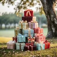 coloré cadeau des boites et rubans empilés en dessous de une arbre. photo