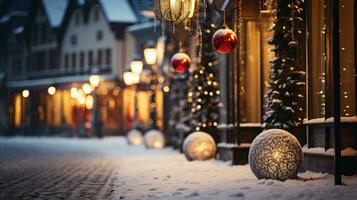 de fête lumières et décorations sur une neigeux rue. photo