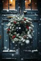 une de fête couronne pendaison sur une en bois porte, entouré par chute flocons de neige photo