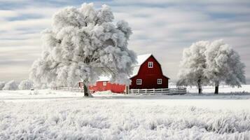 une neigeux paysage avec une rouge Grange et une décoré à feuilles persistantes arbre photo