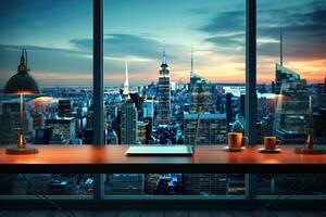 un Bureau table avec une verre bureau et ordinateur photo