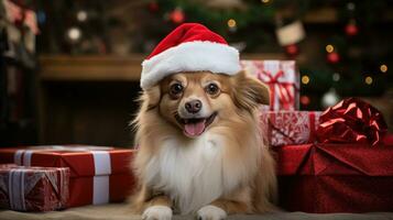 une chien portant une Père Noël chapeau séance suivant à une enveloppé présent photo