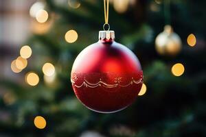 fermer de une rouge et or Noël ornement sur une arbre photo