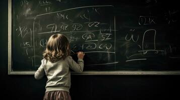 peu fille l'écriture sur une tableau noir photo