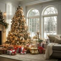 confortable vivant pièce avec une décoré arbre et enveloppé cadeaux. photo