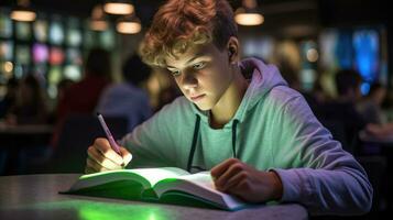 garçon en train de lire une cahier de texte avec une surligneur photo