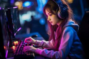 asiatique fille portant écouteurs rivalise professionnellement dans vidéo Jeu tournois photo