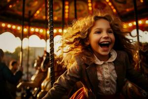 excité le joyeux fille Heureusement tourne sur le vibrant carrousel photo