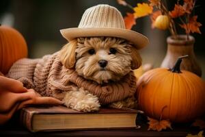 confortable l'automne tenue avec chien chandail chapeau chat citrouille livre café parapluie photo