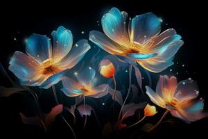 fantastique embrasé fleurs sur noir Contexte formant abstrait floral fond d'écran création une magique épanouissement jardin photo