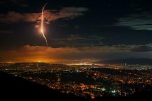 la nuit horizon allumé par fusées éclairantes pendant militaire opérations dans Israël photo