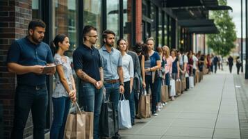 longue lignes de gens attendre à l'extérieur une boutique avant ouvert photo