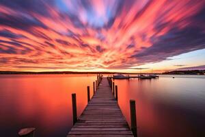 le coucher du soleil sur le l'eau de une silencieux Marina à la recherche à le mer longue temps exposition. photo