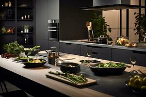 ai génératif image de moderne cuisine avec légume sur cuisine table photo