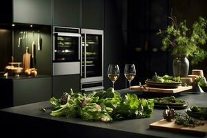 ai génératif image de moderne cuisine avec légume sur cuisine table photo
