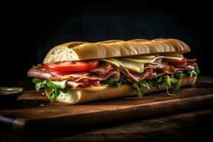 une grand sous-marin sandwich sur une en bois table ai généré photo