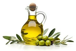 une verre bouteille de olive pétrole et olive branches sur une blanc Contexte ai généré photo