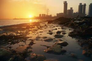 le coucher du soleil plus de pollué littoral révèle environnement dommage ai génératif photo