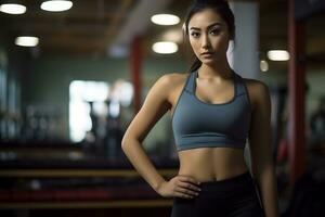 une Jeune asiatique fille avec marron cheveux tiré retour portant sport soutien-gorge ai génératif photo