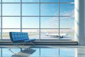 intérieur de aéroport Terminal avec panoramique fenêtre et plan d'avion. génératif ai photo