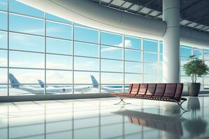 intérieur de aéroport Terminal avec panoramique fenêtre et plan d'avion. génératif ai photo