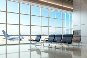 intérieur de aéroport Terminal avec panoramique fenêtre et plan d'avion. génératif ai photo