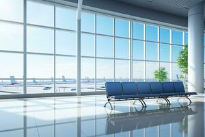 intérieur de aéroport Terminal avec panoramique fenêtre et plan d'avion. génératif ai photo