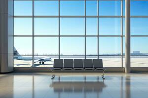 intérieur de aéroport Terminal avec panoramique fenêtre et plan d'avion. génératif ai photo