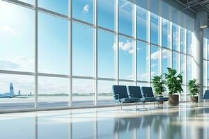 intérieur de aéroport Terminal avec panoramique fenêtre et plan d'avion. génératif ai photo