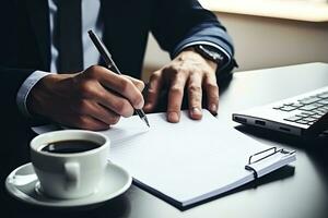 proche en haut de homme d'affaire signature contracter. homme d'affaire séance à table et l'écriture dans bloc-notes. génératif ai photo