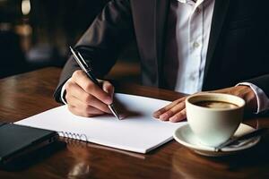 proche en haut de homme d'affaire signature contracter. homme d'affaire séance à table et l'écriture dans bloc-notes. génératif ai photo