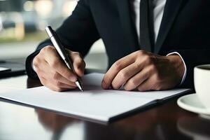 proche en haut de homme d'affaire signature contracter. homme d'affaire séance à table et l'écriture dans bloc-notes. génératif ai photo