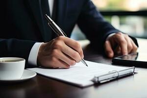 proche en haut de homme d'affaire signature contracter. homme d'affaire séance à table et l'écriture dans bloc-notes. génératif ai photo