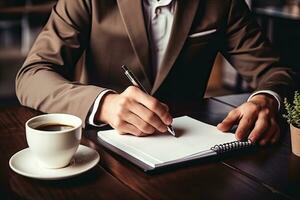 proche en haut de homme d'affaire signature contracter. homme d'affaire séance à table et l'écriture dans bloc-notes. génératif ai photo