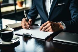 proche en haut de homme d'affaire signature contracter. homme d'affaire séance à table et l'écriture dans bloc-notes. génératif ai photo