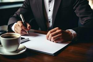 proche en haut de homme d'affaire signature contracter. homme d'affaire séance à table et l'écriture dans bloc-notes. génératif ai photo