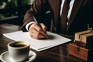 proche en haut de homme d'affaire signature contracter. homme d'affaire séance à table et l'écriture dans bloc-notes. génératif ai photo