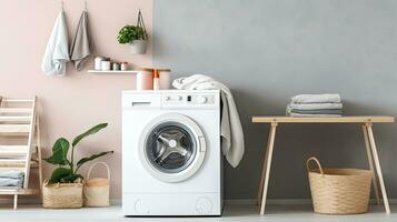 intérieur de moderne blanchisserie pièce avec la lessive machine, panier et les serviettes. génératif ai photo