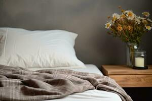 moderne intérieur confortable chambre conception avec mur et une vase avec l'automne feuilles avec sur en bois mur arrière-plan, sélectif se concentrer. génératif ai photo