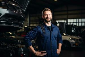 professionnel mécanicien travail dans auto réparation magasin. voiture un service et entretien concep. génératif ai photo